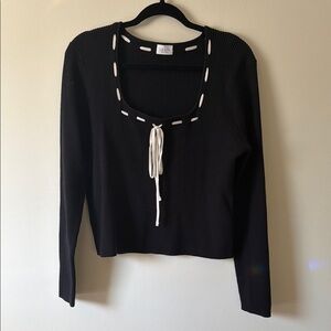 LE LIS Black Ribbed Tie-Neck Long Sleeve Top